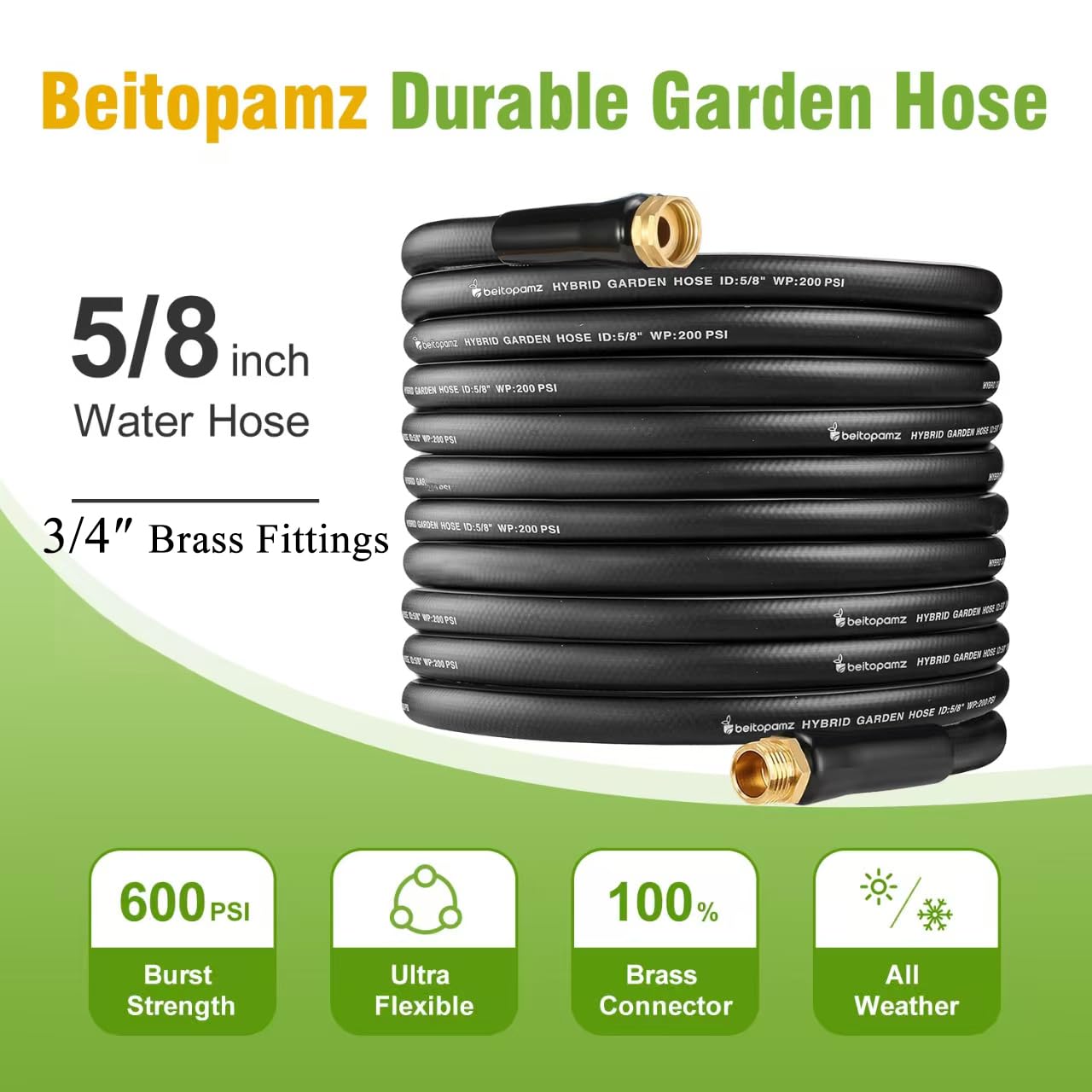 Beitopamz Short Garden Hose 5 ft x 5/8 in Male to Female Heavy Duty Small Water Hose Extender Connector, Lightweight Rubber Hybrid Leader Hose, Leak-Free Connections, 3/4'' Brass Fittings, Black