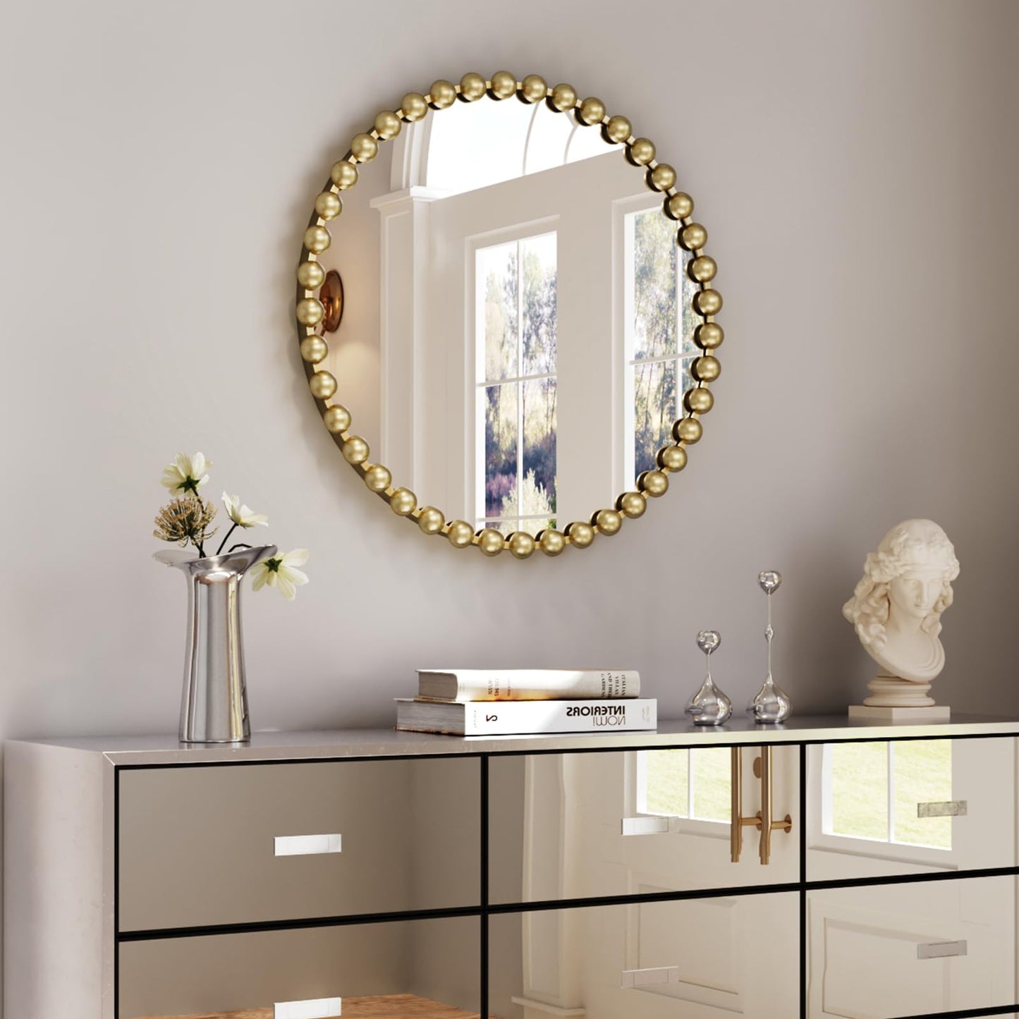 PERHOM Wall Mirror Decor Modern - Round Gold Large Beaded Mirror Decor,Circle Wall Mirror for Hallway,Bathroom,Living Room,Dining Room,Badroom,Entryway,27'' Metal Framed