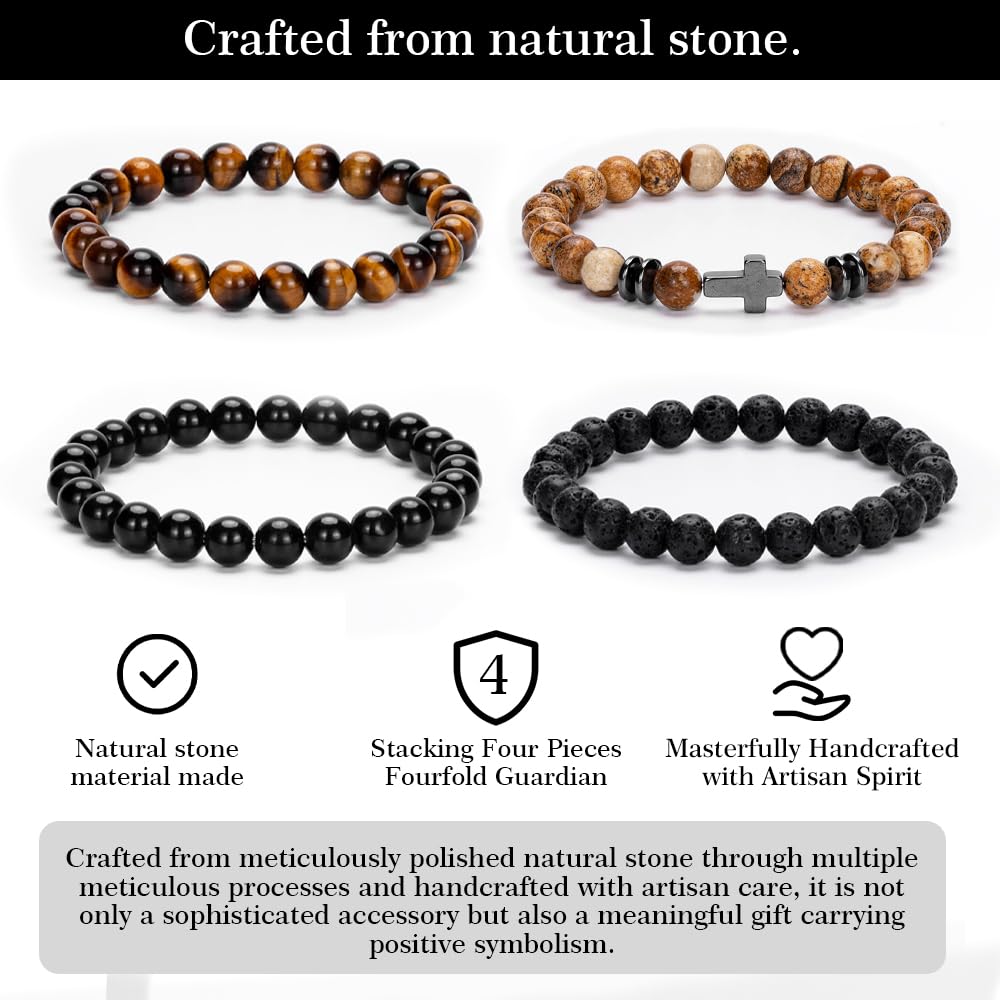 Crystery Men Beaded Bracelets, 8mm Natural Stone Bracelet, Healing Crystal, Jewelry Gifts for men, Triple Protection, Picture Stone, Tiger Eye, Black Obsidian Beads Bracelets, Lava Rock, Pack of 4
