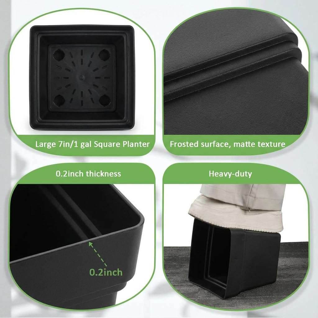 RooTrimmer 6-Pack 7'' Square Planters with Built-in Drainage Tray – Heavy-Duty Black Plastic Planter with Drainage Hole and Bottom Stopper, BPA-Free Plant Pots Matte Finish for Indoor Outdoor