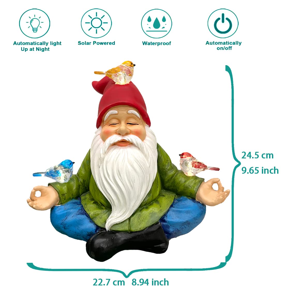 RAYWER Solar Powered Gnome with Red Hat and 3 Birds, Resin Garden Ornament with LED Light, Lawn Figurine Outdoor Decoration Statue (Gnome with 3 Birds)