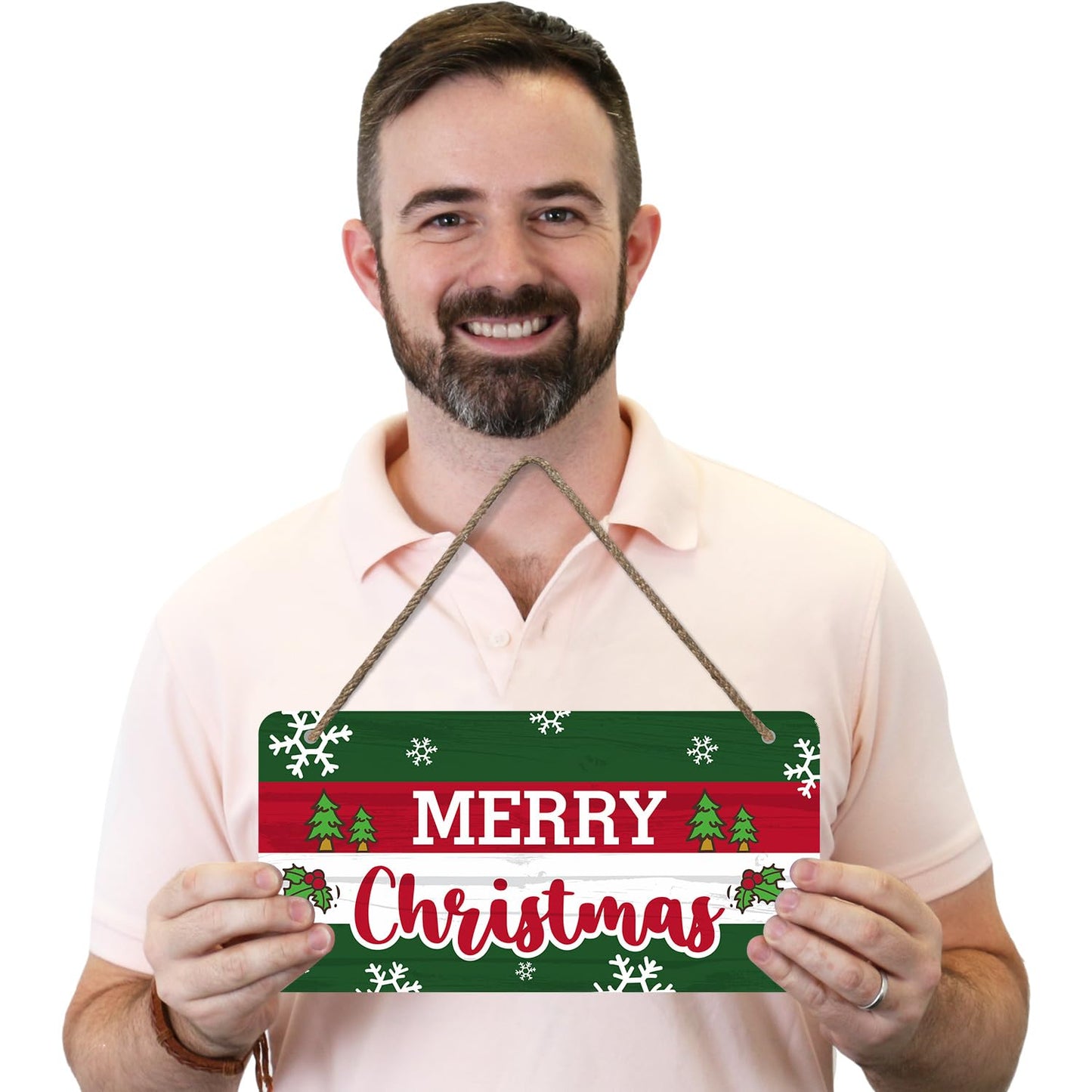 SmartSign 'Merry Christmas' Wooden Hanging Sign with Rope - 6"x12" Holiday Decor For Home/Cafe/Bar/Gifting, Snowflakes/Christmas Tree Prints on Rustic Background, USA-Made