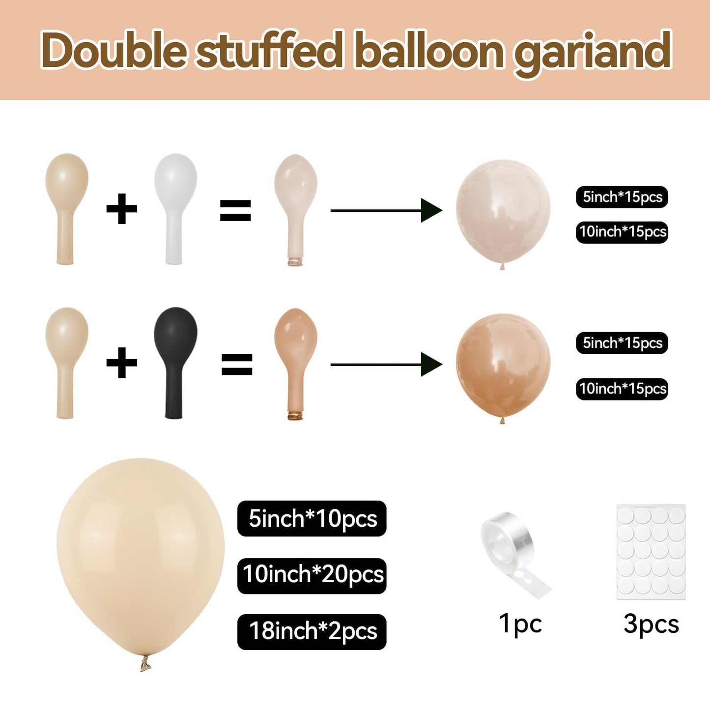 Netural Balloon Garland Arch Kit, Double Stuffed Beige Cream Tan Balloons Garland Blush White Sand Boho Balloon for Netural Baby Shower Gender Reveal Bridal Birthday Wedding Party Decorations