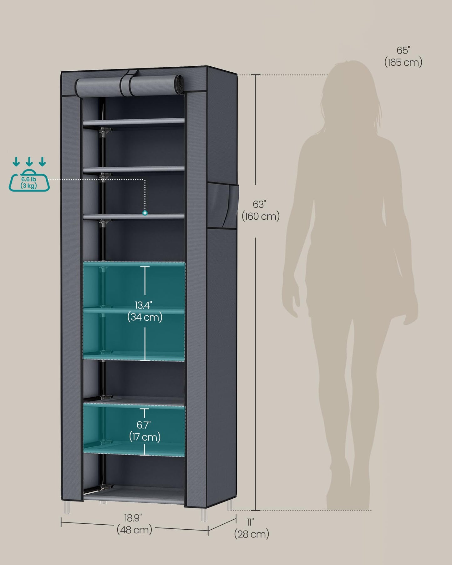 SONGMICS 10-Tier Shoe Rack, Shoe Storage Cabinet with Dustproof Cover, Free-Standing Storage Organizer for Closet, Entryway, Hold 20 Pairs of Shoes, for Sneakers, High Heels, Gray URXJ034GN02