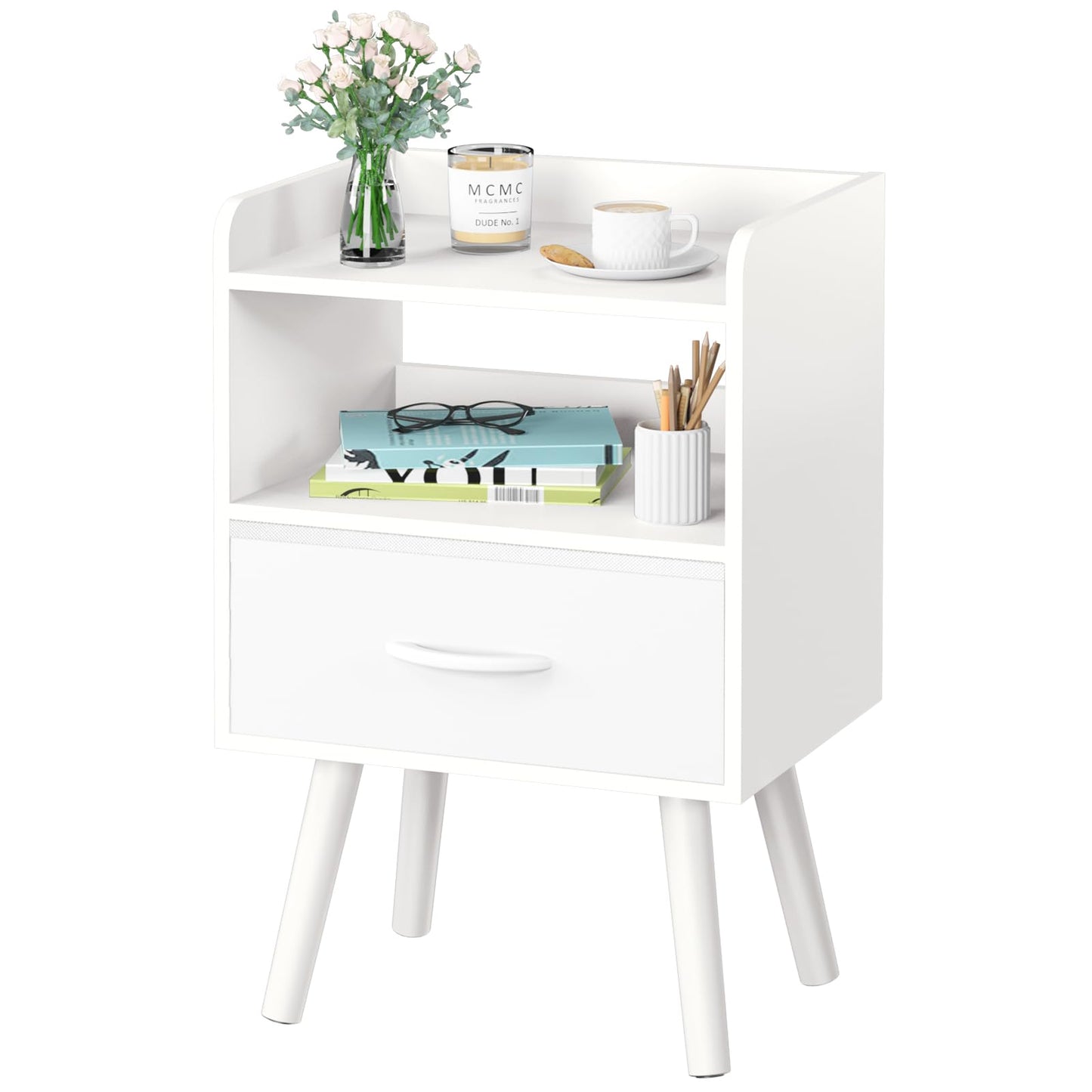 Yoobure Modern Nightstand with Drawer, Bedside Tables, Mid Century Nightstands with Open Storage Shelf, Wood Bedside Table, Small Night Stands for Bedrooms, 2-Tier Night Table