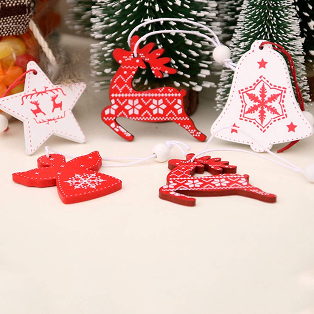 Yosoo 12pcs Christmas Tree Hanging Pendant, Wooden Christmas Decoration with Ropes, Multi Color, Traditional with Whimsical Motifs