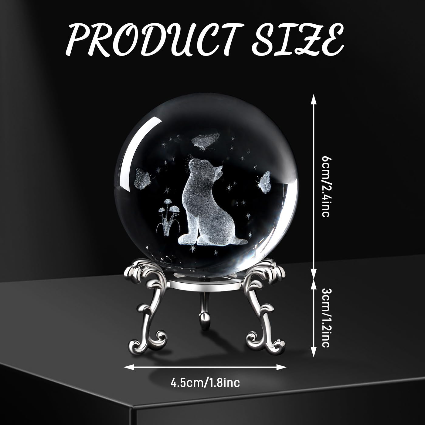MAIBAOTA Cat Gifts for Cat Lovers Women 3D Crystal Cats Theme Stuff Figurines Money Attraction Decor Good Lucky Gifts 60mm Glass Laser Ball Paperweight with Stand Glass Sphere