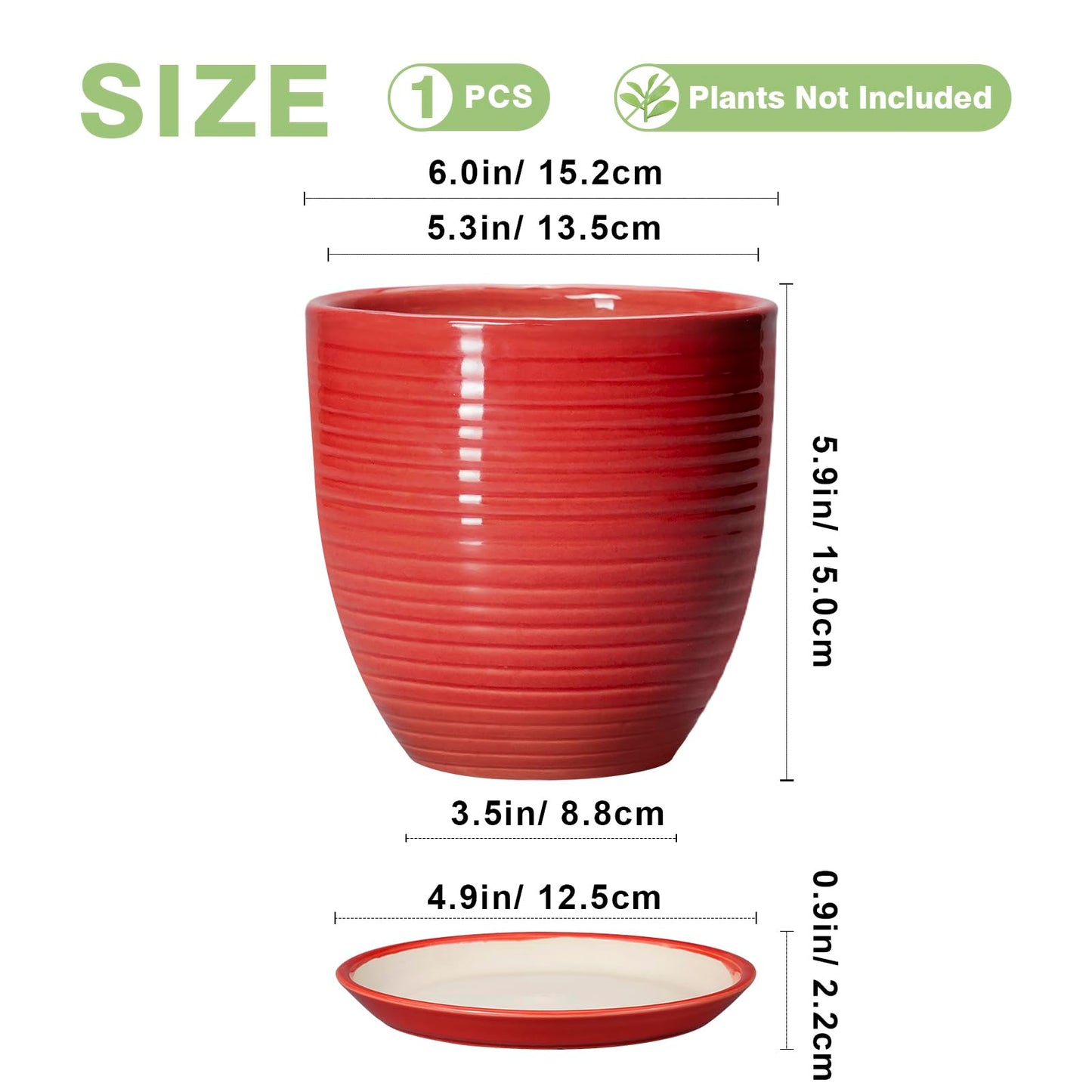 EPFamily 6 Inch Ceramic Plant Pot - Ceramic Pots for Plants, Round Planter with Drainage Hole and Saucer, Modern Flower Pots for Indoor Plants, Desk Home Office Decor, Plant Lover Gifts, Glossy Red