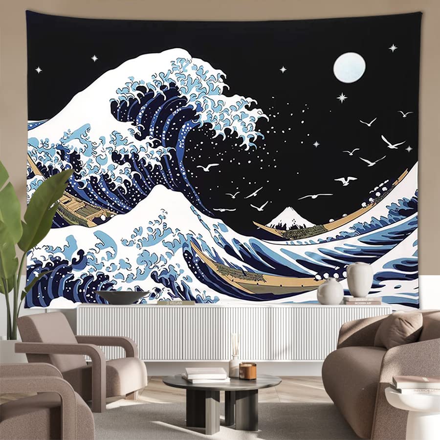 Pentasmile Wall Tapestry for Bedroom Aesthetic Japanese The Great Wave off Kanagawa Tapestries Large Trippy Tapestrys Black Art Tapistry Wall Hanging Decor Ceiling Tapastry (51ʺ × 59ʺ)
