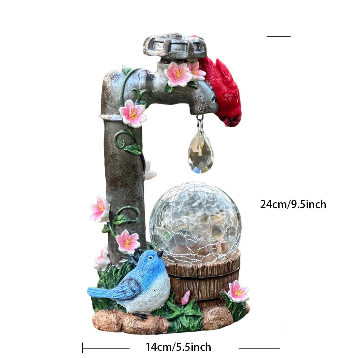 ZYLiWoo Solar Cardinal Garden Statue Decoration, Water Faucet and Solar Light Glass Ball, Outdoor Resin Garden Statue, Cardinal Gift, Women's Mother's Birthday Gift, Size 9.45 inches