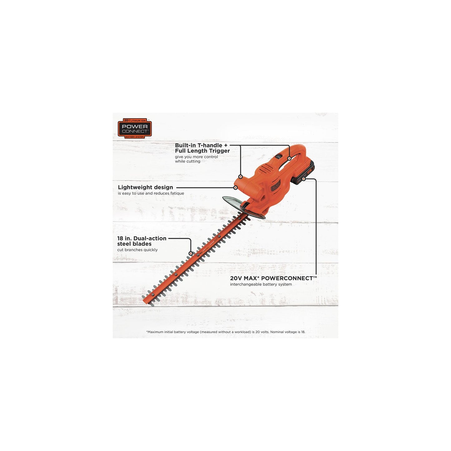BLACK+DECKER 20V MAX Hedge Trimmer Cordless, 18 inch Blade, (1) Battery and Charger Included, Light Weight Reduced Vibration, Bush Trimmer Hedger (LHT218C1)