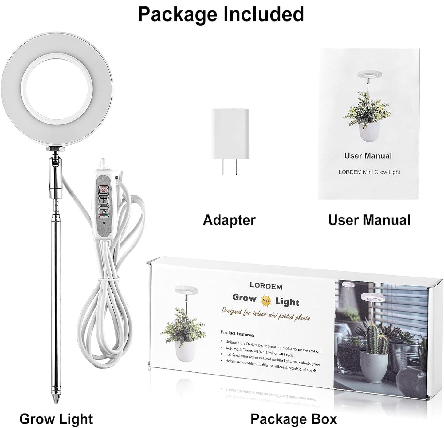 LORDEM Grow Light, Full Spectrum LED Plant Light for Indoor Plants, Height Adjustable Growing Lamp with Auto On/Off Timer 4/8/12H, 4 Dimmable Brightness, Ideal for Small Plants