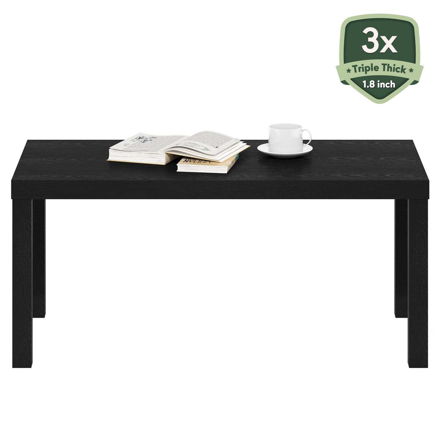 Furinno CLASSIC Coffee Table, Modern Rectangle Coffee Table with 1.8" Triple Thick Tabletop, Side Table, Toolless Assembly, for Living Room, Home Office, Black