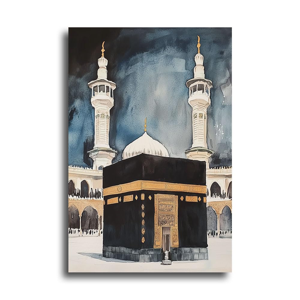 TIEHAOMAI Islamic Mosque Canvas Wall Art, Mecca Kaaba Poster Prints, Framed, 12x18 inch (30x45cm), Living Room, Bedroom, Office Decor