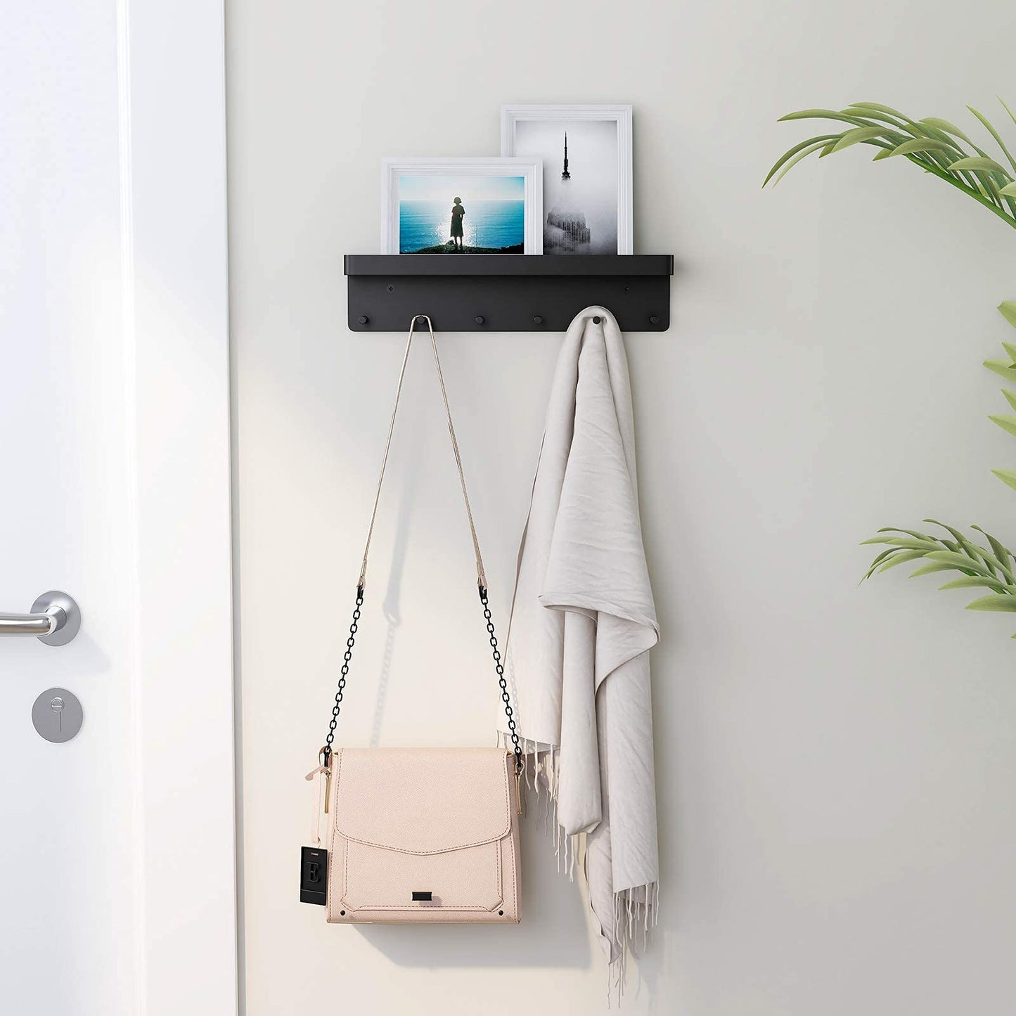 MKO Key Holder Wall Mount, Key Holder Wall Mount Adhesive with Mail Organizer Tray with 6 Key Hooks for Wall, Black