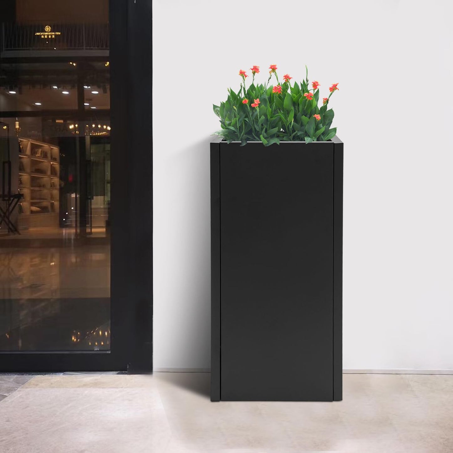 LUOSHALIYA Metallic Heavy Outdoor/Indoor Planter Box, Seamless Large Metal Planter for Tall Trees, Plants, Flowers, No Assembly Required (Black, 14 * 14 * 30 inch)