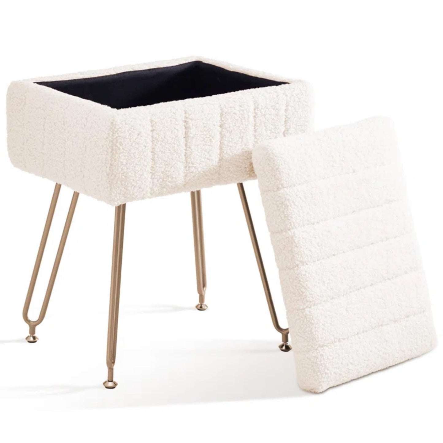 CLICKBIN 16" Teddy Fabric Storage Ottoman, Plush Vanity Stool with Hidden Storage for Bedroom, Living Room, Beige