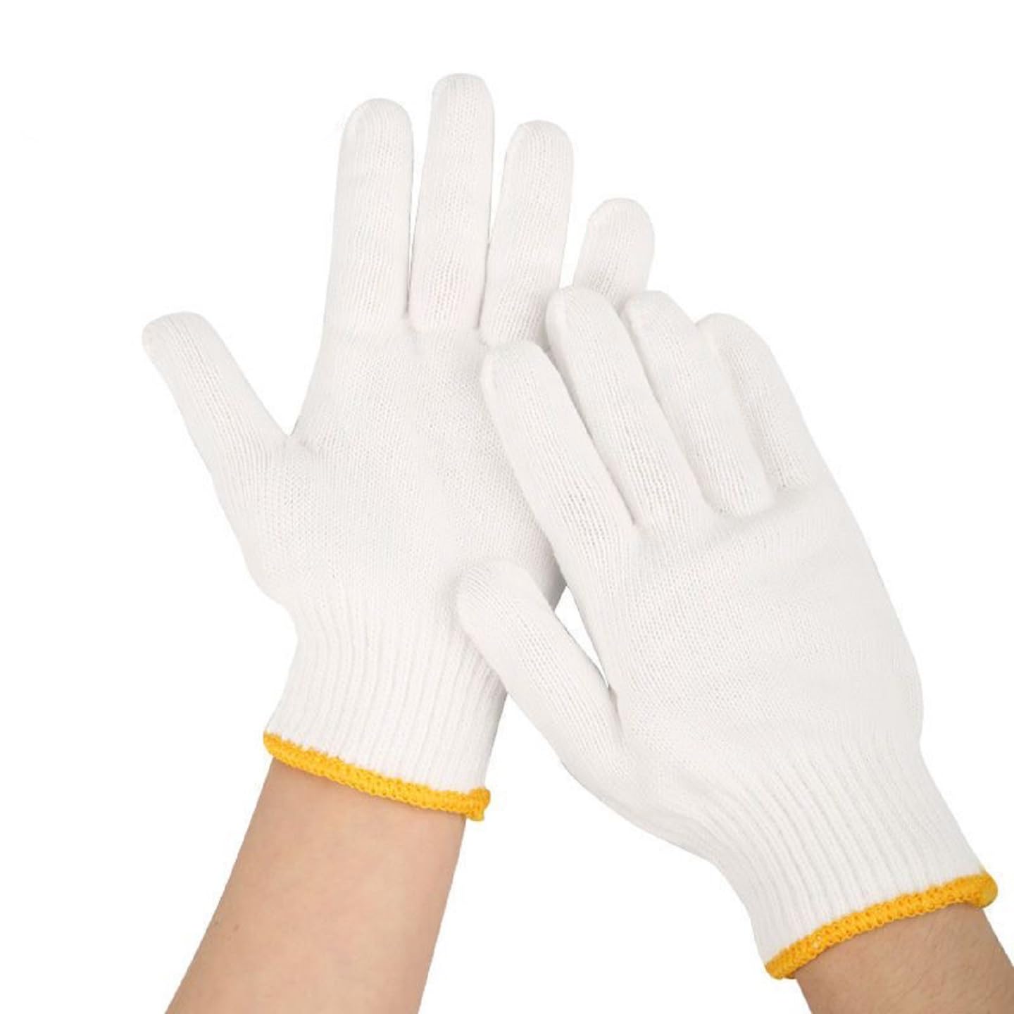 Safety Work Gloves 12 Pairs Polyester Knitted Gloves for Garage Warehouse Painter Mechanic Industrial Gardening Construction (White / Yellow Border)