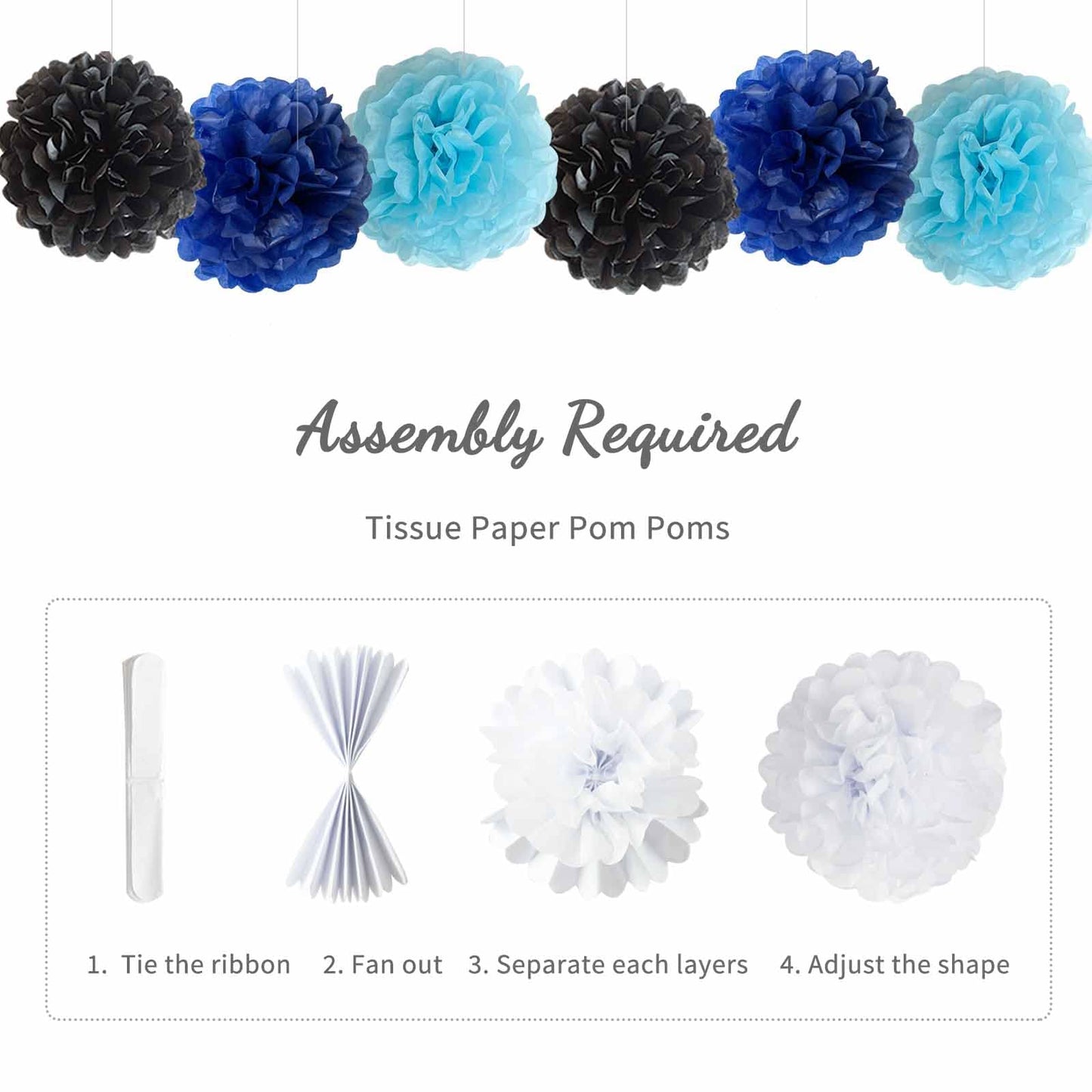 ANSOMO Blue and Black Happy Birthday Party Decorations for Boys Men Banner Balloons Navy Royal Light Blue Pom Poms Foil Curtain Décor Supplies 13th 16th 18th 20th 30th 40th 50th 60th 70th 80th