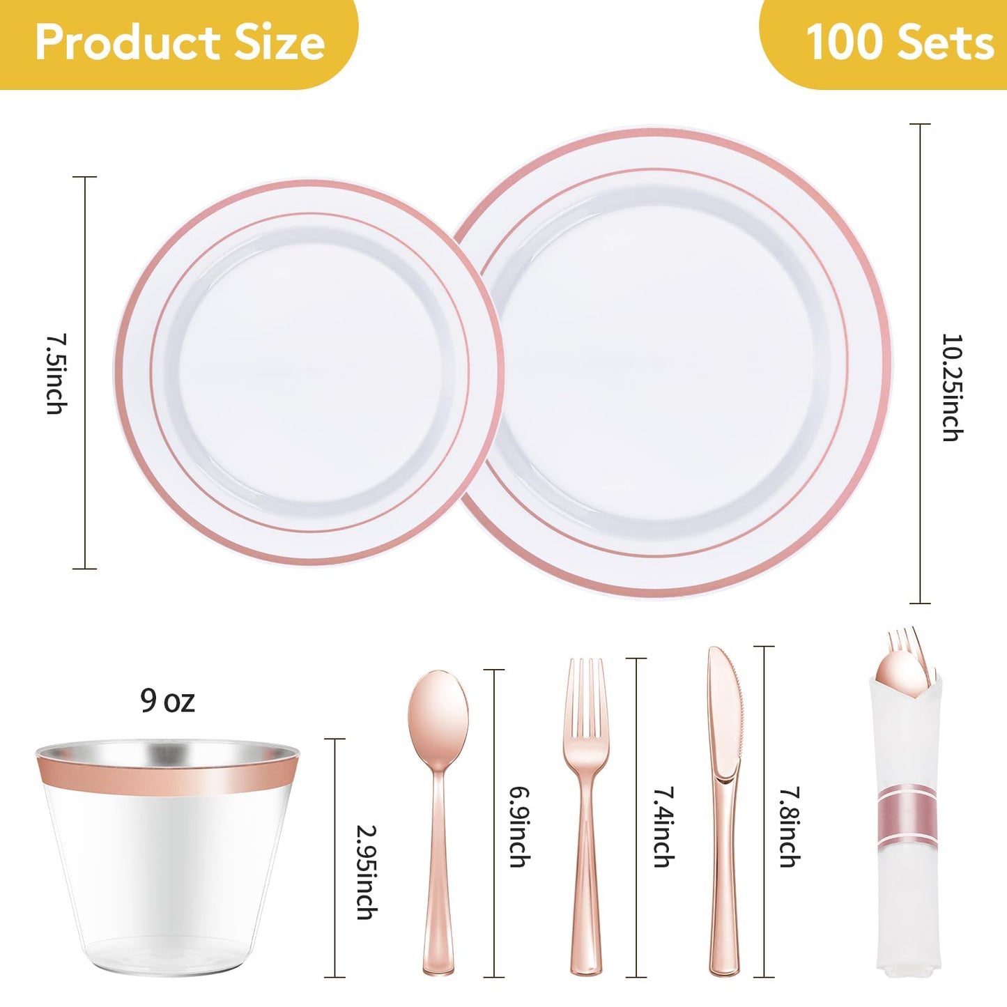 Goodluck 700 Piece Rose Gold Plastic Dinnerware Set for 100 Guests, Disposable Plates for Party, Include: 100 Dinner Plates, 100 Dessert Plates, 100 Pre Rolled Napkins with Silverware, 100 Cups