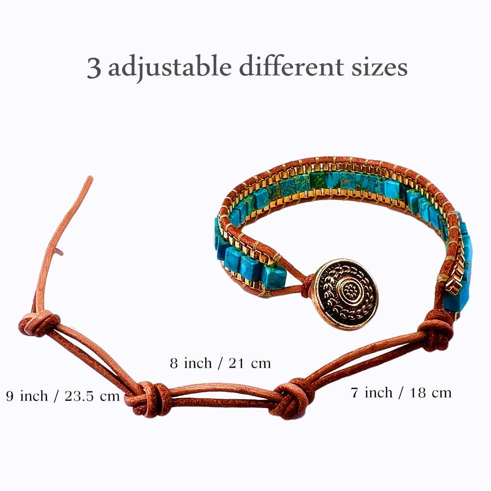 CJMILADO Mens Genuine Leather Bracelet - Handmade Adjustable Leather Cuff Bracelet punk Style leather wrap Wristband for Men (W-Turquoise Bead)