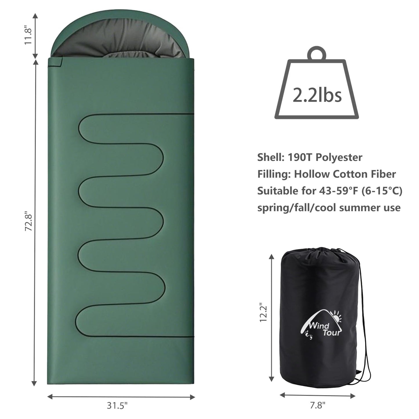 Wind Tour 3 Season Lightweight Waterproof Sleeping Bag Indoor & Outdoor for Hiking Backpacking Camping Traveling (2.2 lb | Green)