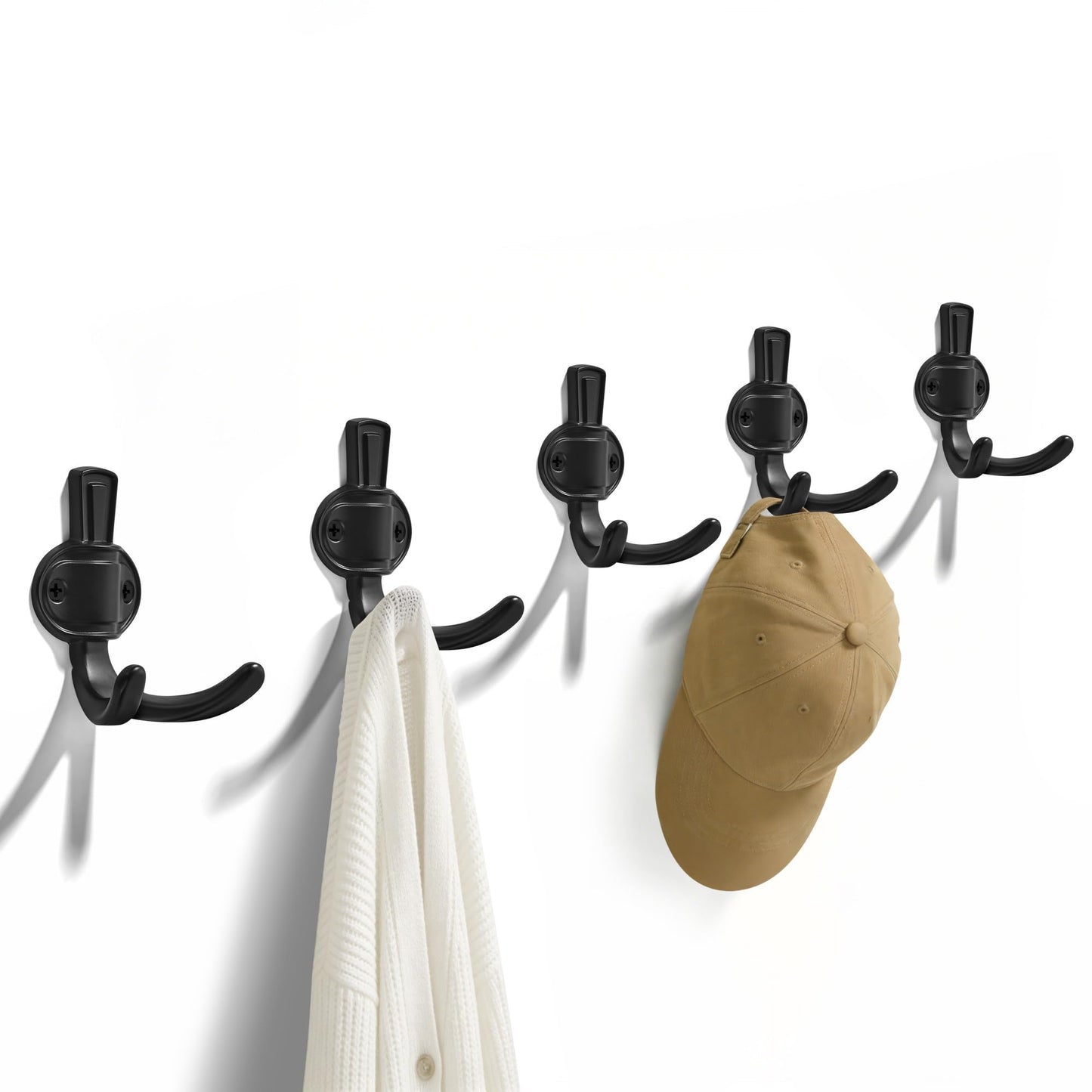 TUNNY 5 Pack Coat Hooks - Matte Black Coat Hooks,Heavy Duty Hooks-wall Hook for Hanging Towel,Purse, Robe, Backpack, Jacket, Clothes - for Bathroom,Dorm, Closet, Kitchen