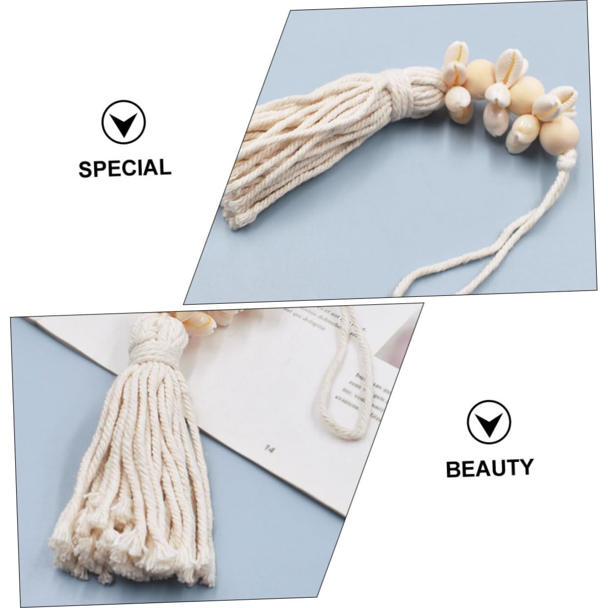 KONTONTY Boho Coastal Decor Wooden Beads String Pendant with Cotton Tassels and Seashells 9.84In Rustic Farmhouse Hanging for Wall Window Decoration