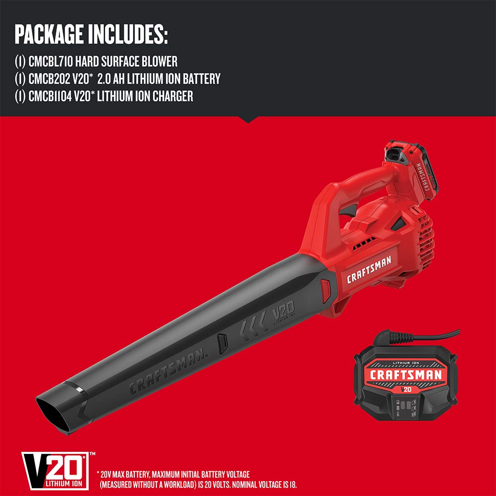 CRAFTSMAN 20V MAX Cordless Leaf Blower with Battery and Charger, Hard Surface Electric Leaf Blower,Powerful up to 90 MPH, Red (CMCBL710D1)
