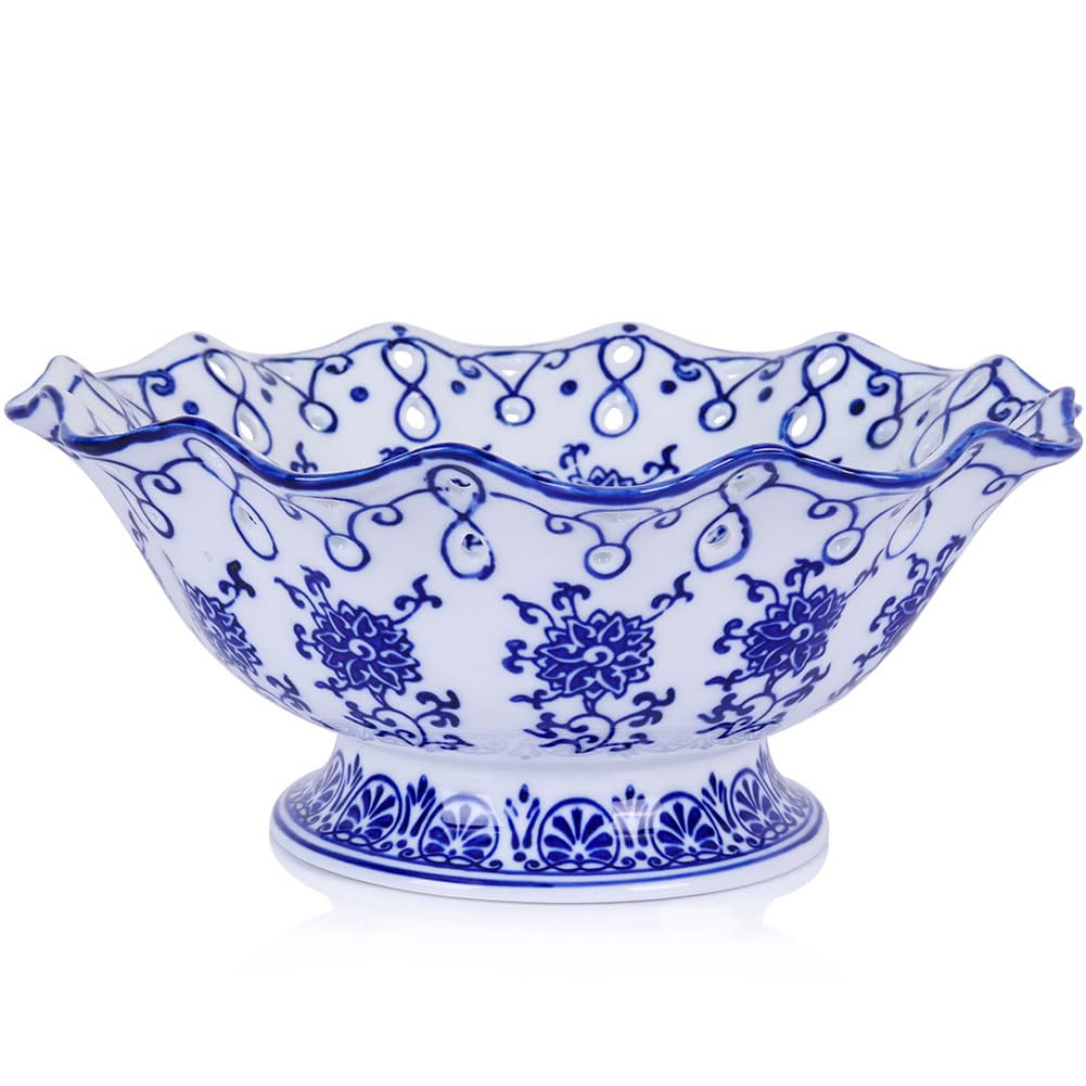 9.4in Blue and White Ceramic Fruit Bowl, Porcelain Decoration Bowl, Fruit Serving Plate,Storage Bowl,Decorative Pedestal Bowl for Table Countertop,Kitchen Island Centerpiece, Home Dining Décor