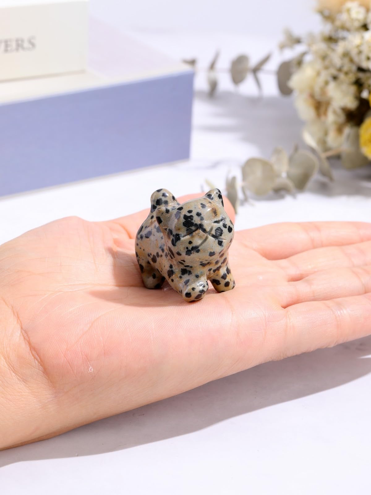 Top Plaza 1 PC Dalmation Spot Jasper Crystal Cute Cat Figurine Gifts Carved Healing Lucky Home Decor Natural Gemstone Cats Collectibles Pocket Sculpture for Cat Lovers