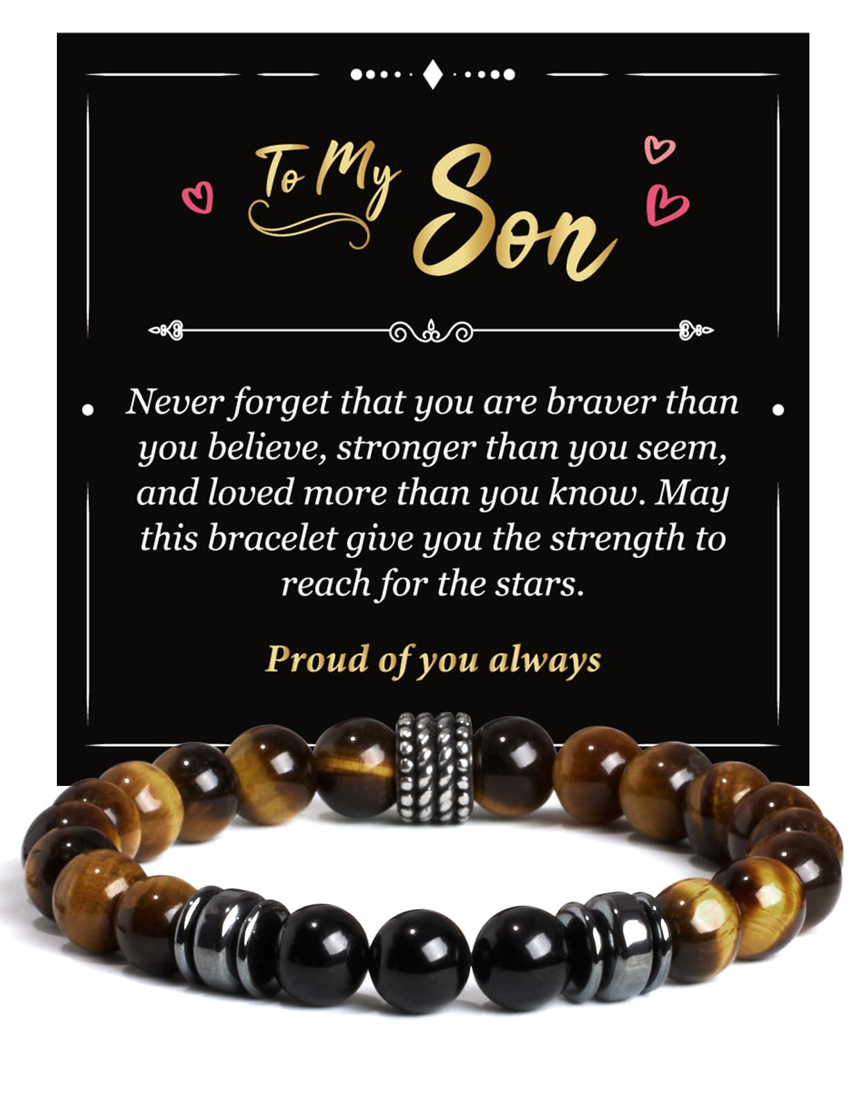 Landorilo Gifts for Men, 8mm Natural Stone Beaded Bracelets, Tiger's Eye & Black Tourmaline Healing Bracelet, Handmade Mens Jewelry Gift for Him, Husband, Son, Father, Friend(Happy Birthday-7.5in)
