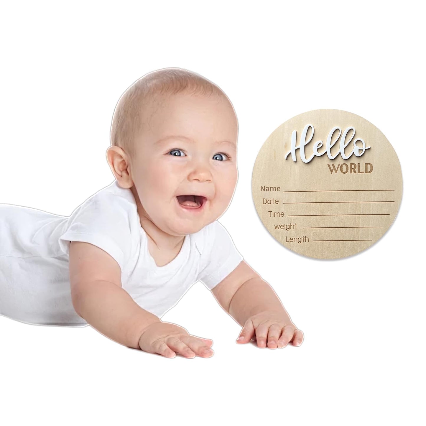 Baby Announcement Sign, 5.9 Inch Wooden Hello World Newborn Welcome Sign, Birth Announcement Sign for Hospital, Newborn Name Sign Plaques for Photo Props Baby Shower Nursery(White)