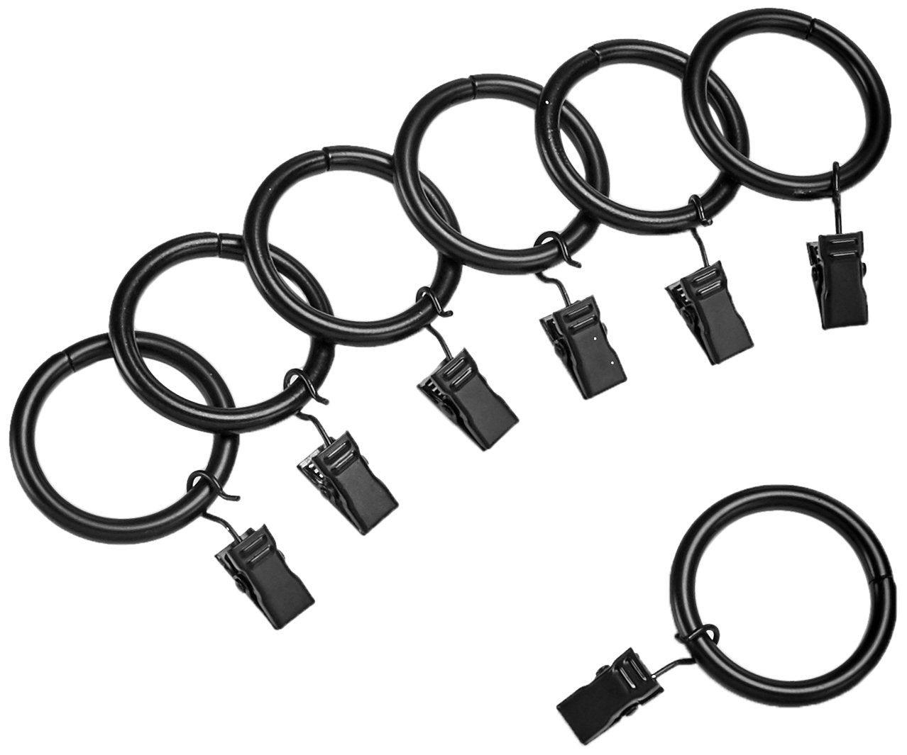 Amazon Basics Curtain Rings with Clips for Hanging Drapes, Drapery Rings for 1" Rod, Set of 7, Black