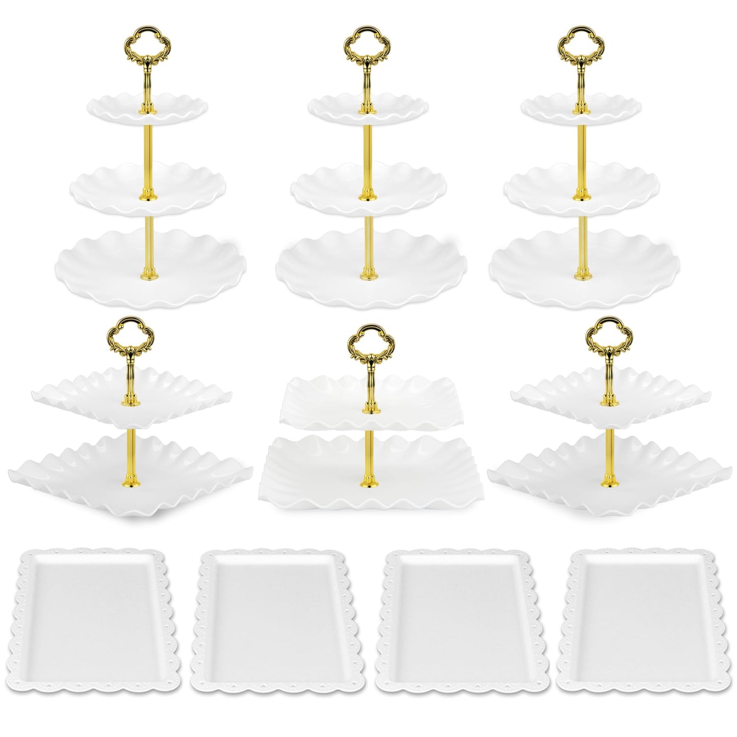 Pack of 10 NWK Cake Stand Set, with 3 x Two-Tier and 3 x Three-Tier Cupcake Stands, 4 x Appetizer Trays, 1 x Tablecloth for Birthday Bridal Baby Shower Party (Gold)