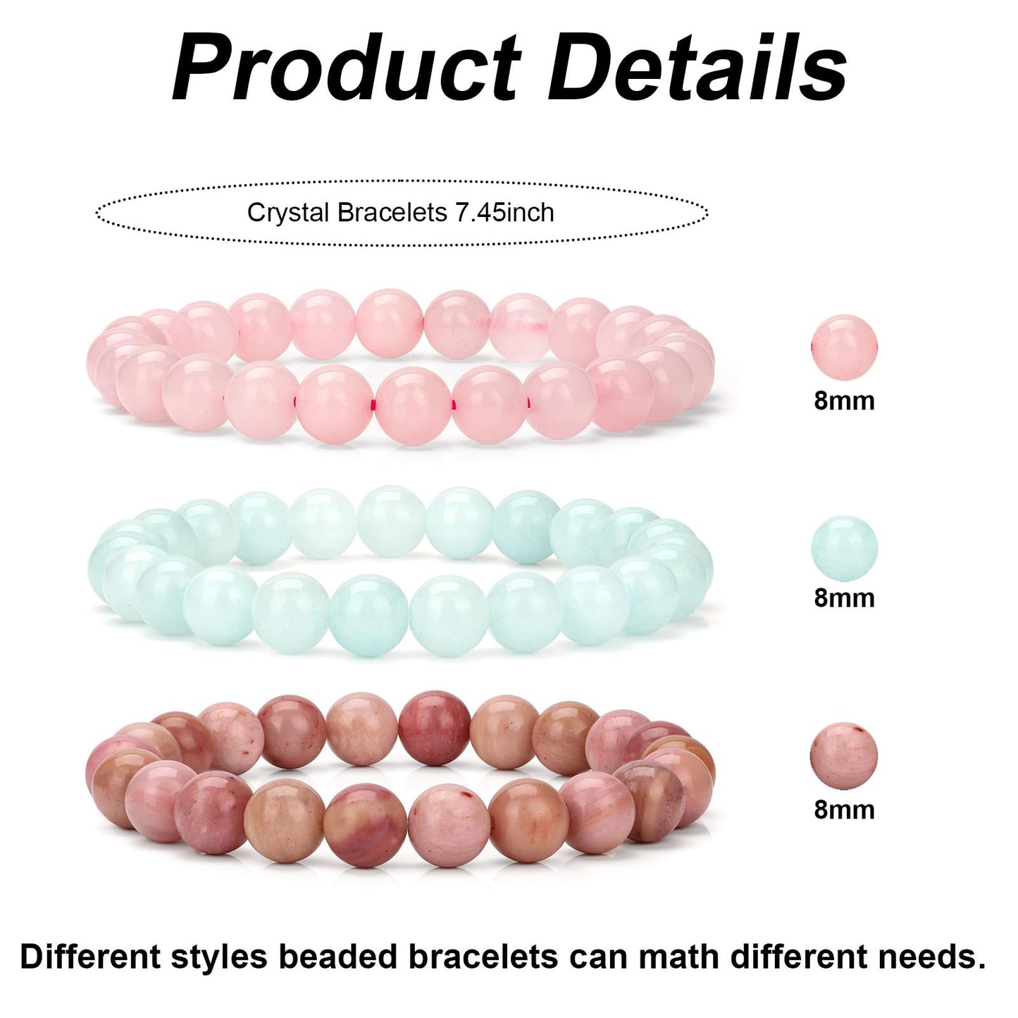 Vinswet Healing Crystal Bracelets for Women Men 8mm Rose Quartz Aquamarine Rhodochrosite Natural Stone Beaded Stretch Bracelet Triple Protection Handmade Gemstone Reiki Spiritual Jewelry Gifts