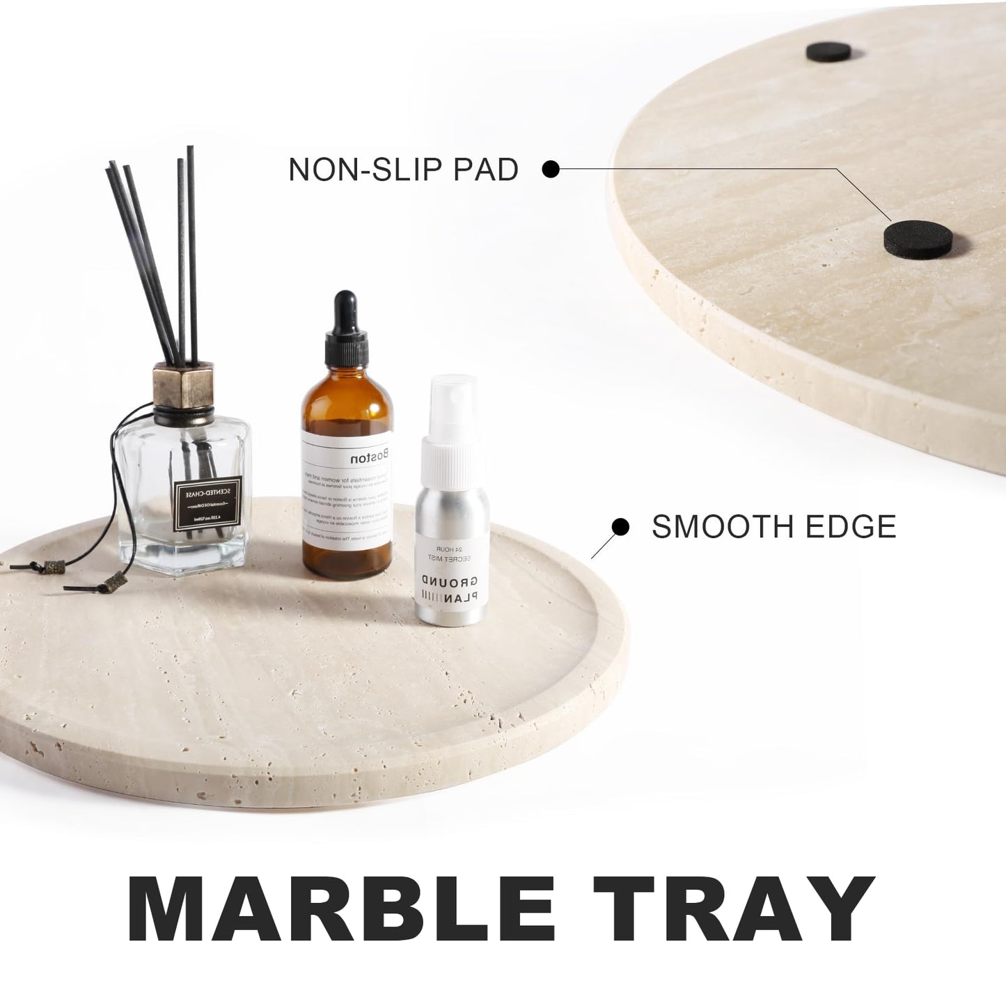 Travertine Tray, 11.8"x0.8" Round Serving Tray for Kitchen and Coffee Table, Bathroom Trays for Counter, Decorative Vanity Trays, Catchall Fruit and Snack, Light Beige Ottoman Tray