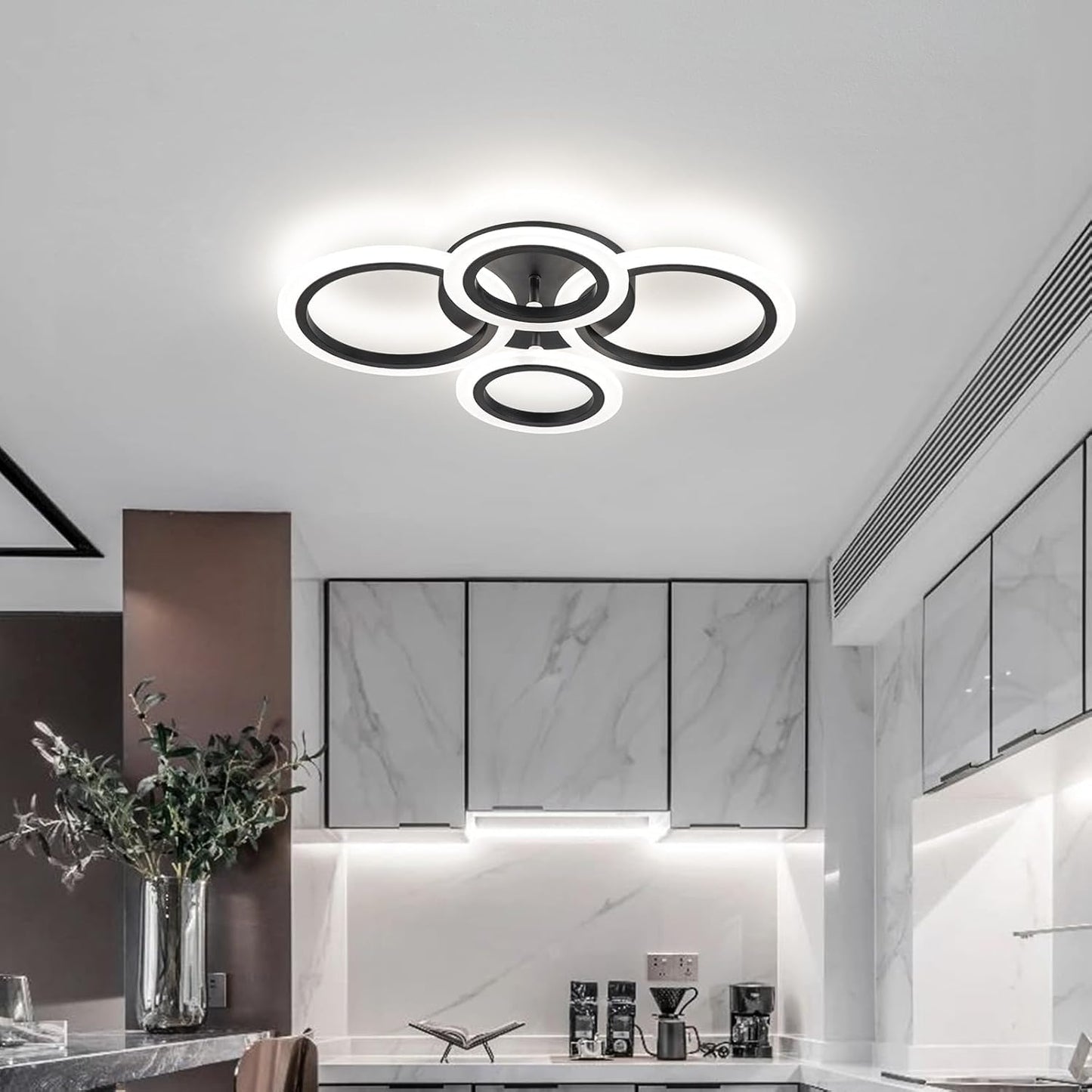 Shine LUEST 34W Modern LED Ceiling Light, 3000K-6000K Dimmable Ceiling Lighting Fixtures Ceiling Mount 4 Rings Black LED Chandelier Bedroom Lights Flush Mount with Remote for Kitchen, 2720LM