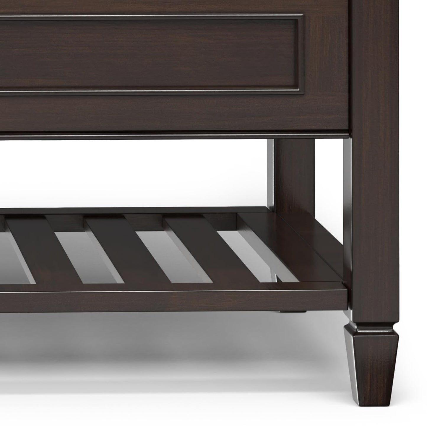 SIMPLIHOME Connaught SOLID WOOD 42 inch Wide Traditional Entryway Storage Bench with Shelf in Chestnut Brown for the Living Room, Entryway and Family Room
