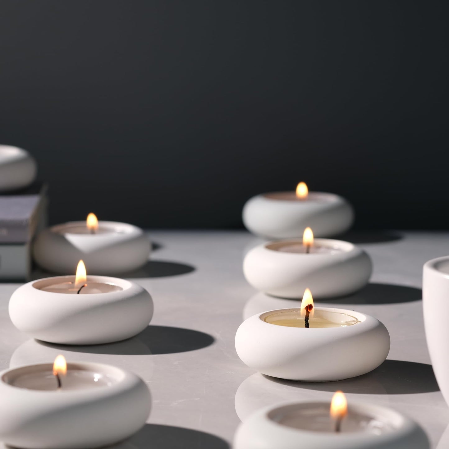 ICNBUYS Handmade Decorative Pebble Tealight Candle Holders Set of 8 - Handcrafted Home Decor Accent for Calming Earthy Aesthetic White Cement Diameter 2.6 inches