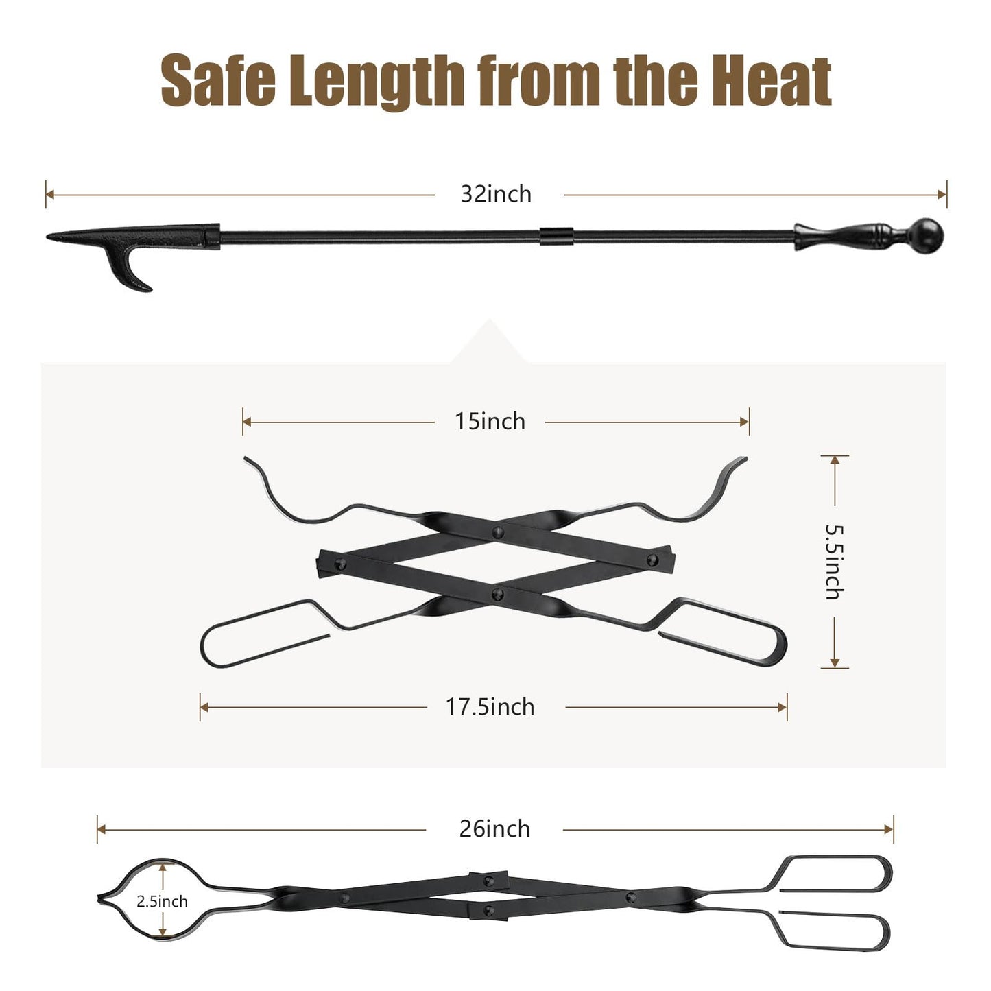 Heavy Duty 32” Long Fireplace Fire Pit Campfire Poker Stick and 26” Fireplace Tongs Tool Set Log Grabber Rust Resistant fire poker Camping Fireplace Tools for Indoor Outdoor Solo Stove Accessories