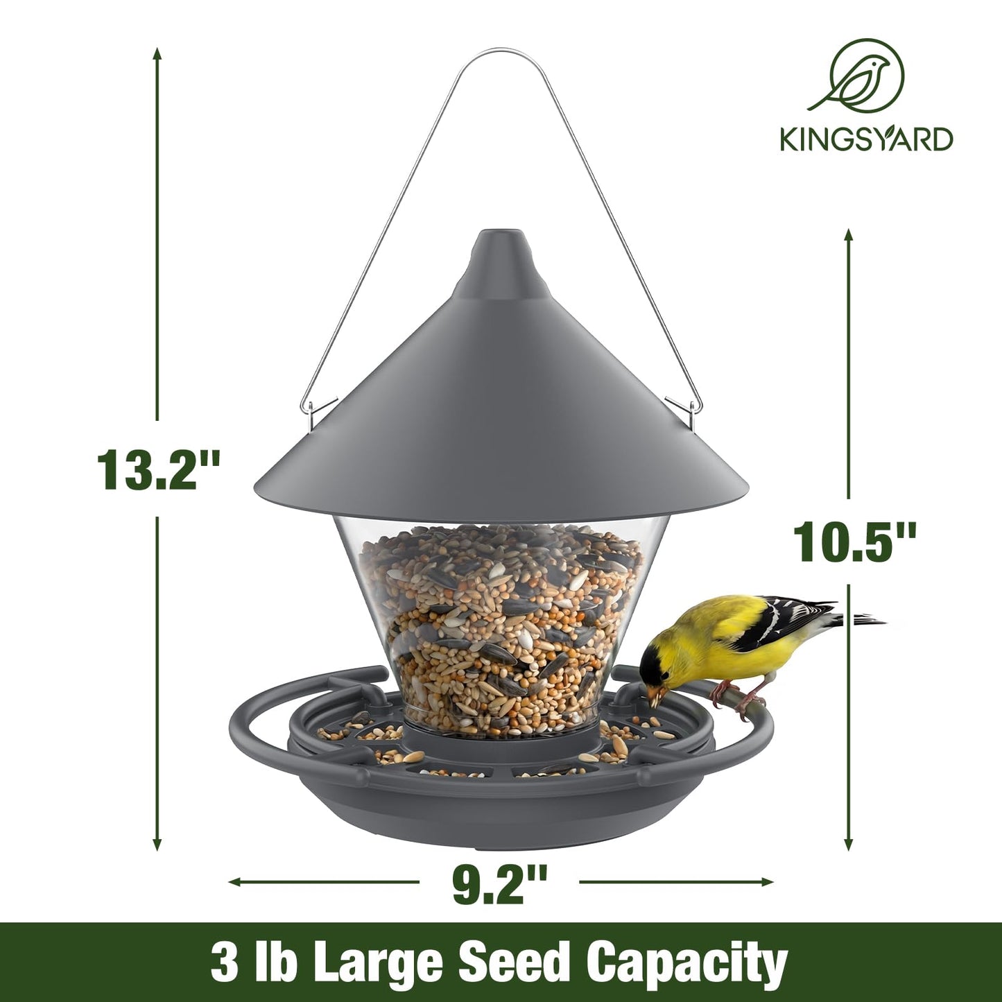 Kingsyard Wild Bird Feeder for Outdoors Hanging, No-Waste Tray with Seed Guard & Circular Perch, Garden Yard for Cardinal Finch, 4 lb Large Capacity, Grey