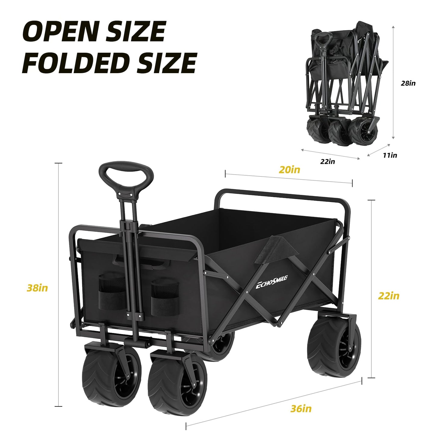 EchoSmile Heavy Duty 350 Lbs Capacity Collapsible Wagon, Outdoor Folding Camping Grocery Portable Utility Cart, Adjustable Rolling Carts, All Terrain Beach Wagon with Big Wheels (Black-Arrow)