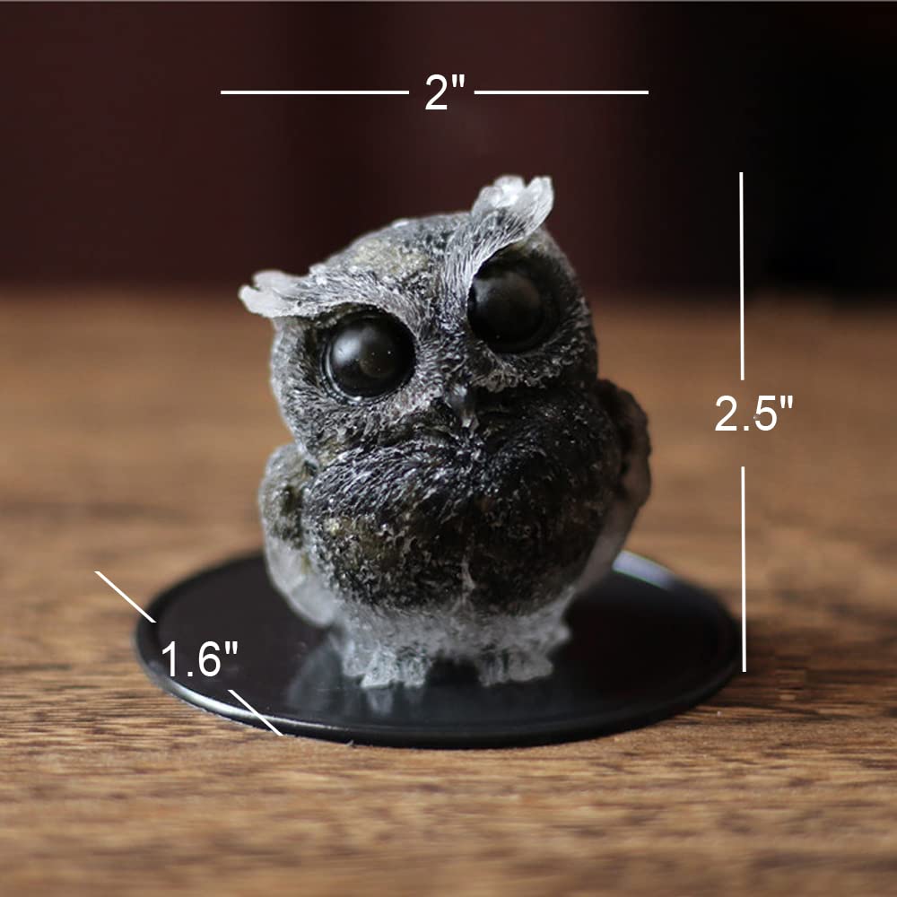 OwMell Owl Statue Tumbled Stone Gemstone Owl Figurine Home Decor Shelf Decor 2.5" - Black Obsidian