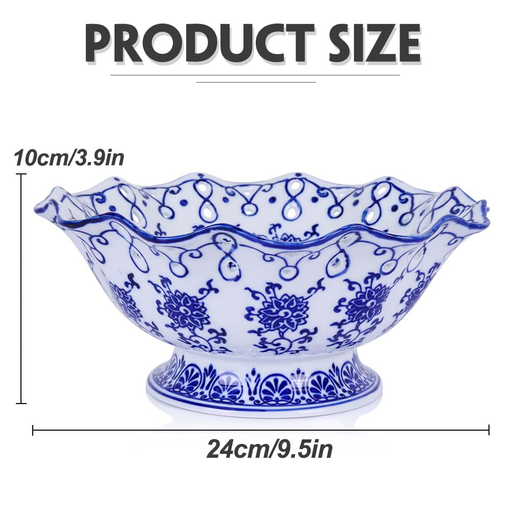 9.4in Blue and White Ceramic Fruit Bowl, Porcelain Decoration Bowl, Fruit Serving Plate,Storage Bowl,Decorative Pedestal Bowl for Table Countertop,Kitchen Island Centerpiece, Home Dining Décor