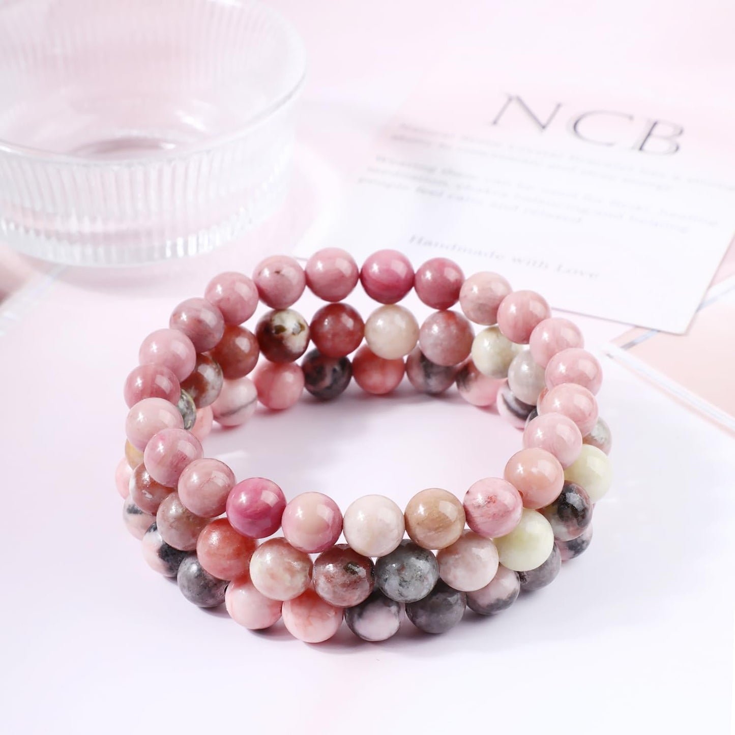 NCB 3-Piece 8mm Natural Crystal Gemstone Stretch Bracelets – ﻿Rhodochrosite, Pink Zebra, Pink Black Rhodonite Handmade Reiki Energy Healing Jewelry for Meditation,Yoga, Unisex