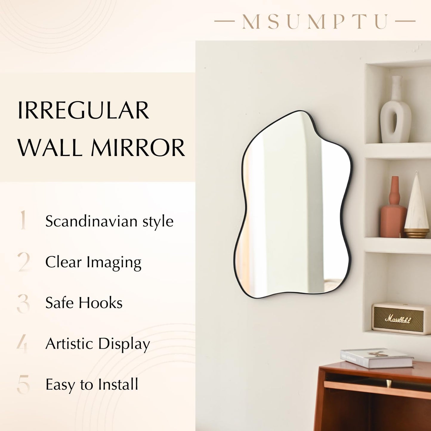 MSUMPTU Irregular Wall Mirror Black Wave Shaped Metal Framed Wall Mirror for Bathroom Bedroom Entryway Living Room Wall Decor 24" L x 18" W 2305B