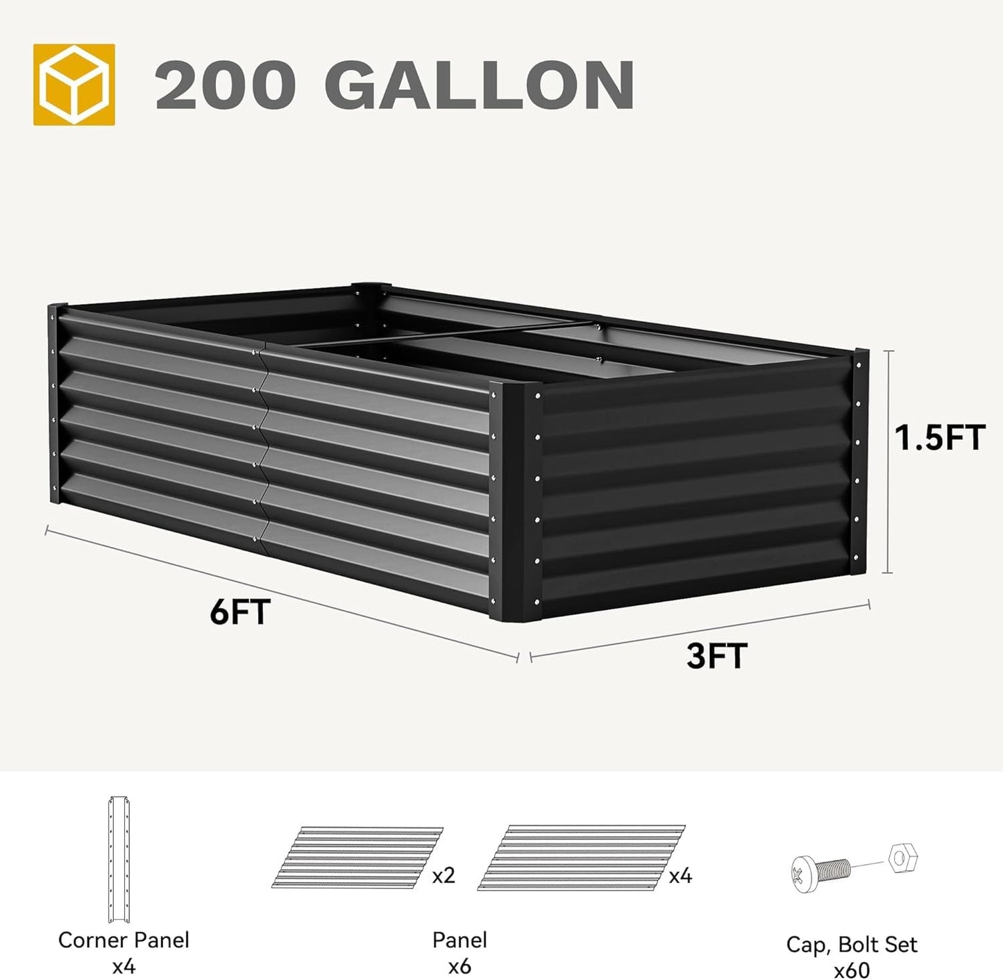 DWVO 6 x 3 x 1.5 FT Raised Garden Bed Kit, Outdoor Galvanized Flower Bed with Gloves, Large Metal Planter Box for Vegetables, Flowers, Herbs, Fruits, Black