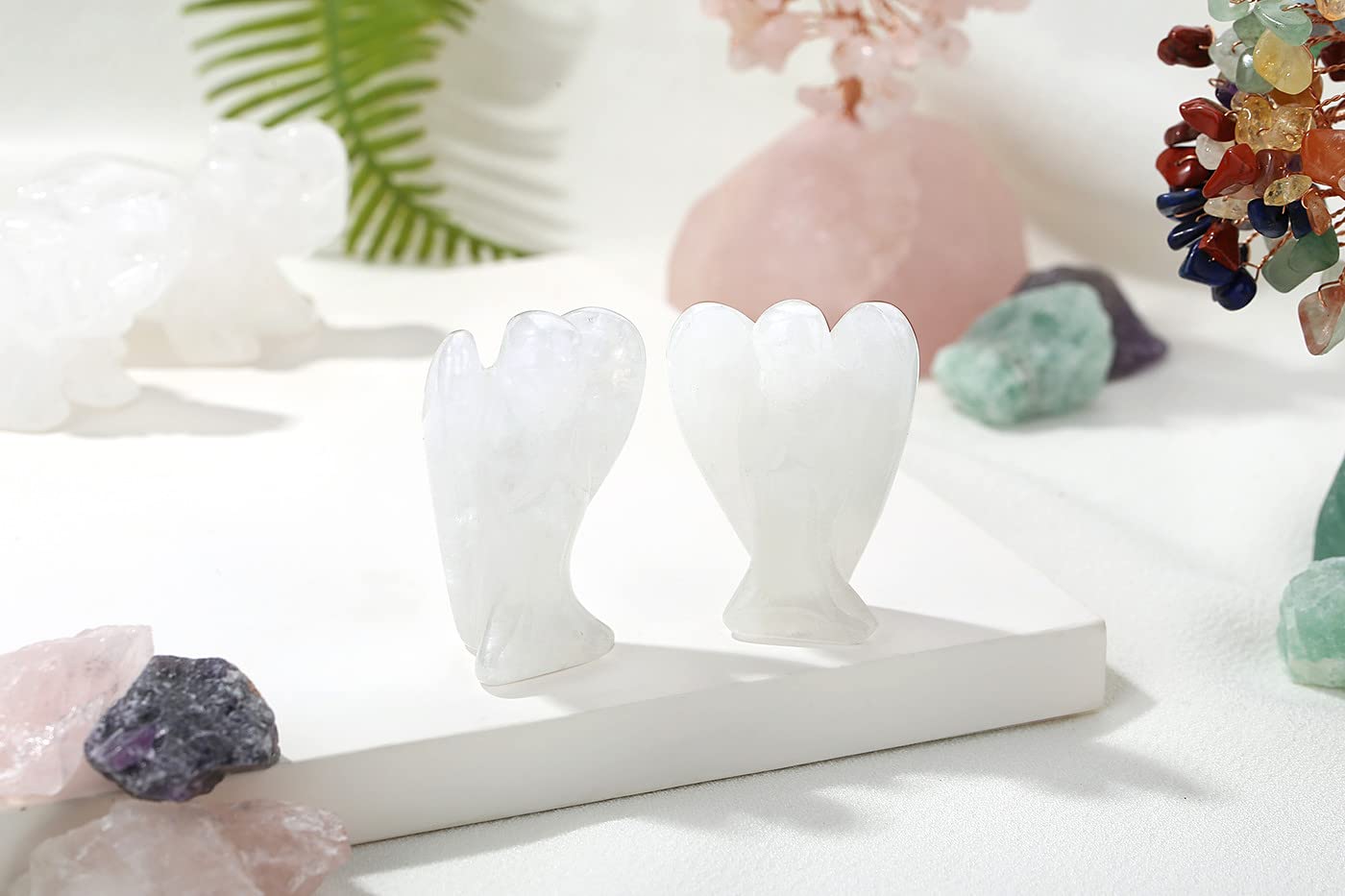 YATOJUZI 2" Clear Quartz Angel Decor Healing Crystals Polished Natural Stone Sculpture Statue Hand Carved Cute Figurines Energy Reiki Home Room Office Desk Decoration Guardian Gifts for Women Men