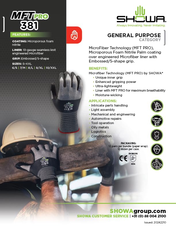 SHOWA MFT PRO 381 Foam Nitrile Palm Coated General Purpose Work Glove with Microfiber Liner, 13-Gauge, Large (12 Pair)